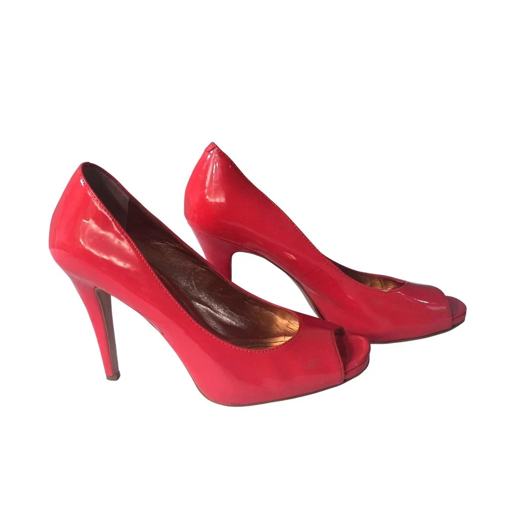 BCBGeneration Womens Coral Red Patent Peep Toe Stiletto Heel Pumps Size 7.5/38